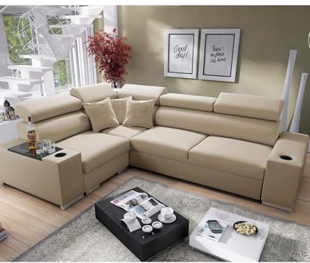 All4All Ecksofa mit Schlaffunktion Plato 282x205 cm - Sofa mit Bettkasten - Schlafsofa L-Form - Eckcouch - für 4 Personen - Wohnzimmer - Seite Links - Beige - 26