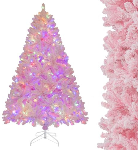 GYMAX 6 FT Pre-Lit Artificial Christmas Tree, Hinged Pink Snow Flocked Xmas Tree with 350 LED Lights, 8 Lighting Modes, Lighted Xmas Tree for Office Home Holiday Decor