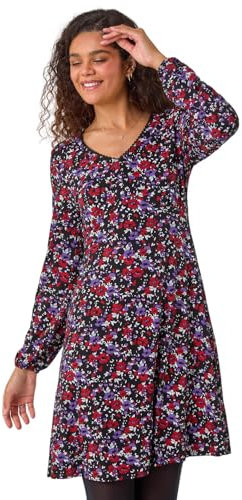 Roman Originals Fit & Flare Dress for Women UK - Ladies Stretchy Skater Swing A Line Everyday Tea Autumn Winter V-Neckline Comfy Soft Evening Vacation Work Party Night Out - Purple Black - Size 12