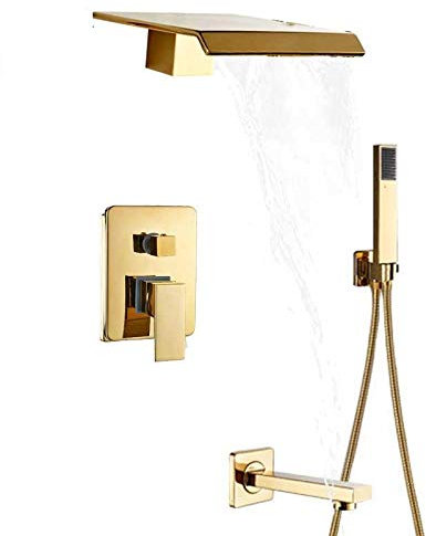 Set Di Rubinetti Per Doccia A Cascata Dorata, Miscelatore Per Bagno A Parete, Set Doccia Per Bagno Con Doccetta