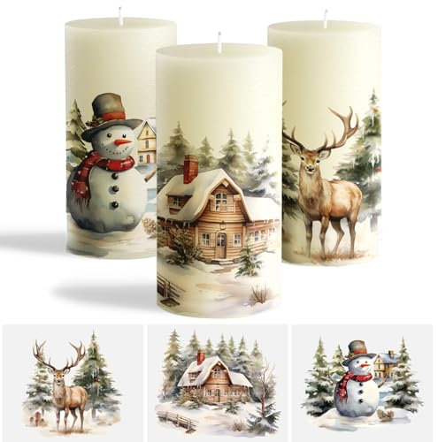 GEBETTER 3 Hojas Tatuajes para Velas Decoración Navidad, Pegatinas Decorativas Papel Transfer Agua, Adornos Velas Tazas Cristal Fiesta Navideña, 15 x 15 cm (Reno Casita Muñeco de Nieve)