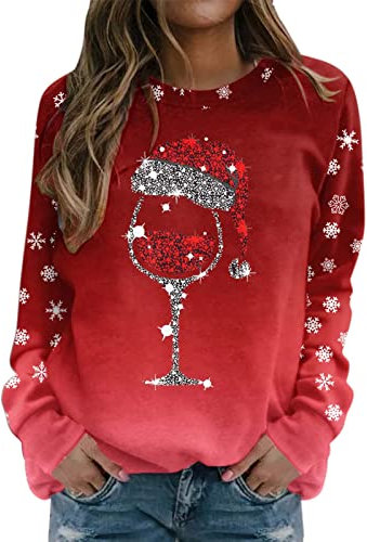 Chandails à col rond pour femme - Motif verre de vin rouge - Chapeaux de Père Noël - Décoration de Noël personnalisée - Imprimé gobelet - Pour femme - Paillettes graphiques - Manches longues -