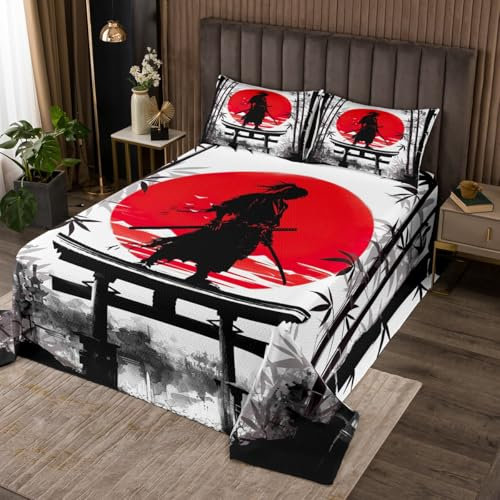 Loussiesd Kinder Samurai Tagesdecke 220x240cm Jungen Mädchen Rot Sonnenuntergang Bettüberwurf Japanischer Stil Steppdecke Tinte und Waschen Bambus
