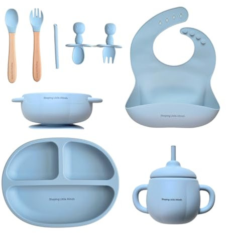 Silicone Baby Weaning Set with Bib Suction Plate Bowl Sippy Cup Fork Spoon BPA Free Microwave Dishwasher Safe Non Slip Feeding Kit Gift Box for Toddlers Learning to Eat Boys Girls Blue