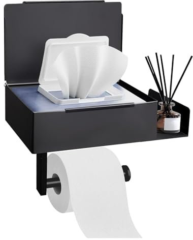Toilettenpapierhalter Schwarz, Toilettenpapierhalter mit Feuchttücherbox, Toilettenpapierhalter Ohne Bohren, Wandmontiert Edelstahl Klorollenhalter WC Papier Halterung mit Aufbewahrung für Badzimmer
