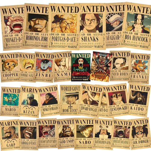 Byhsoep 30 Stück Piraten Wanted Posters 28,5 x 19 cm,Anime Strohhutpiraten Wandkunst Posters,Heimdekor,Schlafzimmerdekor, Wandcollage,Geeignet für Anime-Fans Geschenke Jungen Mädchen
