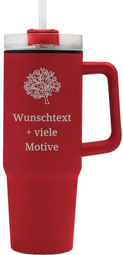 Geschenkissimo Henkelbecher personalisierbar mit Name, Spruch, Motiv - Farbe Rot, 900 ml groß XXL Becher mit Henkel und Deckel, ideal für Kinder & Erwachsene, mit Strohhalm Geschenkidee