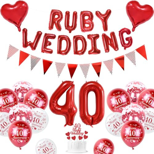 Ruby Wedding Decorations, 40th Wedding Anniversary Decorations 40 Ruby Wedding Balloons Happy 40th Anniversary Balloons Metallic Red White Balloons Banner 40 Ruby Wedding Cake Topper