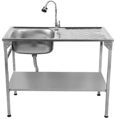 Faltbarer Edelstahl Camping-Spültisch mit Flexibler Wasserhahn Freistehend Waschbecken für Draußen rechts Abtropffläche Abflussrohr Höhenverstellbare Füße INKL. Tragetasche, Schneidebrett & 5x Haken