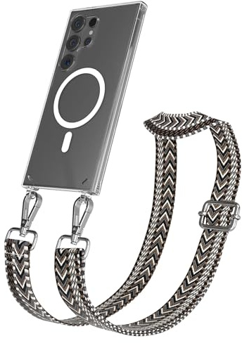 EAZY CASE Handykette - Verstellbares Taschenband kompatibel mit Galaxy S24 Ultra, Schulterriemen, Handykordel mit Silikon Hülle, Qi Charging kompatibel, Umhängetasche, Grau Schwarz Silber