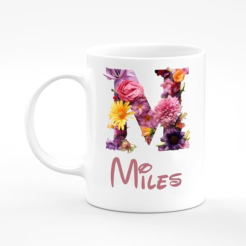 Amelia Gould Apparel Miles Flower Letter Design Mug Gift 11oz Ceramic Coffee Tea Cup Alphabet