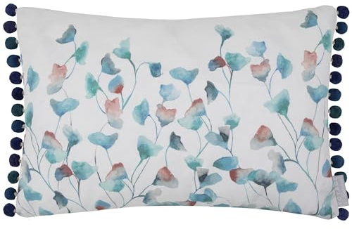 Voyage Maison Cala Feather Filled Cushion – Coastal Watercolour Floral Cotton Linen Pom Pom Trim (Marine - 40x60cm)
