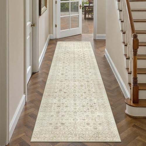 PureCozy Vintage Läufer Flur Teppich 60x240cm Beige Waschbar Teppichläufer | Retro Boho Läufer,Waschbar,Rutschfest,Weich Kurzflor Lang Rug,für Flur, Küche, Schlafzimmer, Esszimmer, Büro