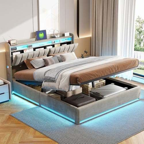 TIMORWTF Lit Coffre 140x190 avec LED et USB,Lit Double avec Rangement et Tete de Lits,lit Rembourré avec Sommier à Lattes Lit2 Personnes Cadre de Lits 140x190,Velours,Gris (sans Matelas)