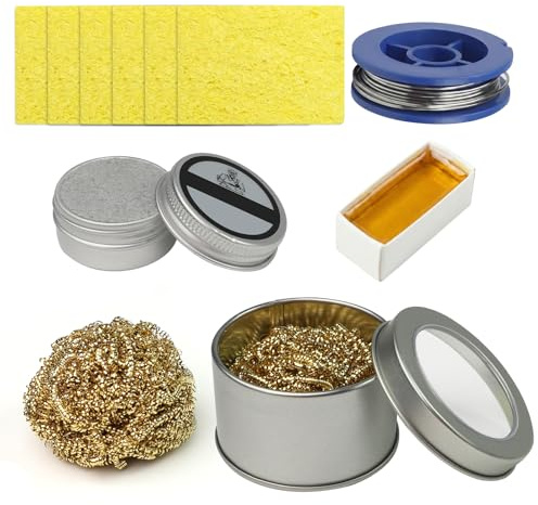 Solder Tip Cleaner, Tip Tinner 5-in-1 Kit, Lead Free Paste, Brass Wire Wool | Lead Free Soldering Iron Maintenance Set, 16g Tinner Paste with Solder Wire, Rosin, for Electronics Circuit Board Repair