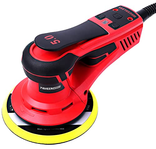 Crevyteg Ponceuse orbitale professionnelle 300W/350W – Moteur sans balais, 6 vitesses jusqu’à 10000 tr/min, faible vibration – 20 disques abrasifs, collecteur de poussière – Bois, polissage –