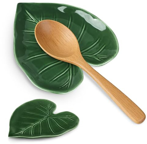 Komforbaa Ceramic Leaf Spoon Rest for Stove Top, Cute Ceramic Spoon Holder for Kitchen Countertop, Heat Resistant Kitchen Utensil Rest, Modern Home Decorative Gift (Green)