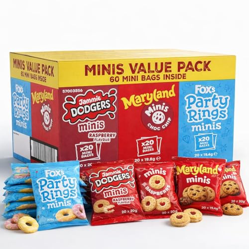Fox Mini Biscuit Variety Pack 60 Count – Jammie Dodgers, Maryland Choc Chip & Party Rings Minis – Individually Wrapped Snack Packs – Kids Lunchbox, Party & Bulk Biscuits UK