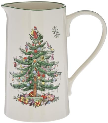 Spode- Christmas Tree Collection, Christmas Tree Design Jug, Green, 2-Pints, Used to Serve Milk, Cream, Juice, & More, Kitchenware Jug Made of Porcelain
