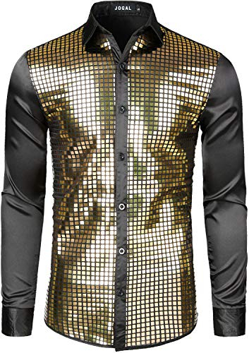 JOGAL Herren Pailletten Hemd 70er Langarm Disco Party Kostüm Medium Gold