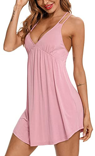 Samring Sexy Dessous Nachtwäsche für Frauen Chemises V-Ausschnitt Full Slip Babydoll Nachthemd Kleid S-XXL, Dusty Rose, XX-Large