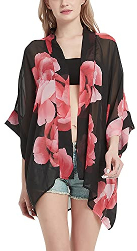 Cache-bikini kimono en mousseline de soie transparente pour femme Imprimé floral