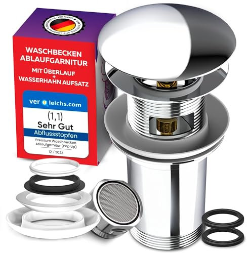 M. ROSENFELD HOME Waschbecken Ablaufgarnitur mit Überlauf Chrom + Wasserhahn Aufsatz für Wasserhahn - Strahlregler M24 + Ablaufventil POP UP aus Messing 4 Ersatzdichtungen - Einbau mit Anleitung