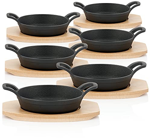 BBQ-Toro Lot de 6 poêles de service en fonte avec support en bois - Diamètre : 16 cm - Pré-cuites - Pré-brûlées - Poêles en fonte - Poêles en fonte