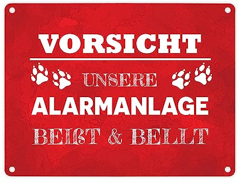 Vorsicht unsere Alarmanlage beißt & bellt Metallschild in 15x20 cm in Rot Dekoration lustiger Spruch Hund Haustier Warnung Einbrecher Hundefreund Geschenkidee