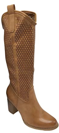 STILL Stivali Donna Alti al Ginocchio con Tacco Largo Traforati Moda Estate Nero G627 (Camel, Numeric_38)