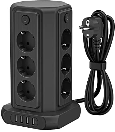 Regletas Enchufes Torre con Interruptores Individuales, NTONPOWER 1080 Julios Protegido contra Sobretensiones, Regleta Vertical Enchufes con 12 Tomas y 5 USB, 4000W 16A, Múltiple Enchufes, Negro