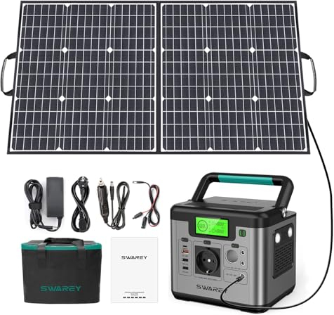 SWAREY Estación de Energía Portátil, 518Wh Generador Solar con Panel Solar de 100W, Salida de CA de 500W (Pico de 1000W), Puerto USB-C de 65W, Batería Externa para Camping Viajes Exterior RV Inicio