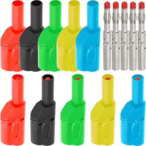 Xiatiaosann Multimeter Test Leads 4mm Banana Plugs Safety Fully Insulated Shrouded, 10PCS 5Colors Stackable Connectors 4mm Banana Male with Banana Jack Adapters for Electrical Testing