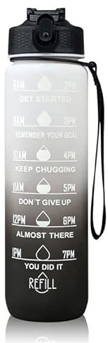 Sports Bottle 1L Plastic BPA Free With Strew and Time Marking, Leak-Proof (Black & White)
