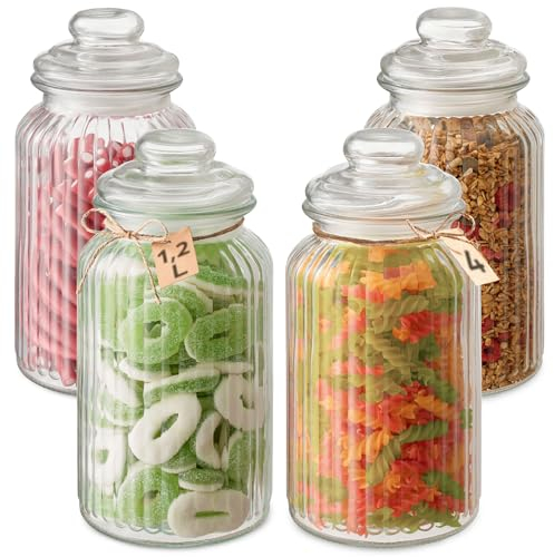 Praknu Bonbonglas mit Deckel & Etiketten - 1,2L - 8 Vintage Vorratsgläser für Candy Bar, Hochzeit, Party & Küche - Spülmaschinenfest - Für Kekse, Schokolade & Süßigkeiten