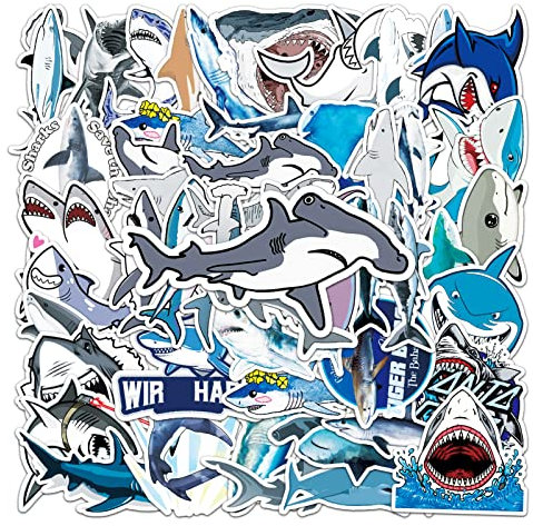 50 Stück Hai-Aufkleber für Kinder und Jungen, Ozeanhai, wasserdichte Vinyl-Aufkleber und Aufkleber für Fahrrad, Wasserflasche, Laptop, Computer, Gepäck, Skateboard, Partygeschenke
