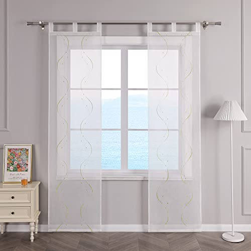 ESLIR Schiebegardinen Voile Flächenvorhänge Set 2er Schiebevorhang Wohnzimmer Gardinen mit Schlaufen Transparent Vorhang Bestickt Grün BxH 57x225cm 2 Stück
