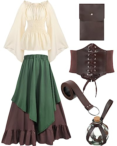 Hillban Mittelalterliches Renaissance-Kleid für Damen, Kostüm, Halloween, Bluse, Oberteil, Rock, Tasche, Korsett, Gürtel, Grün , XXL