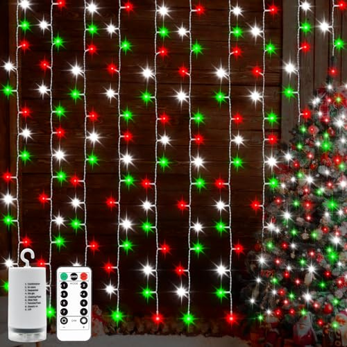 Echosari Red White and Green Christmas Curtain Lights Battery Operated, 300 LED Fairy Hanging Lights 9.8Ft x 9.8Ft With Remote Timer for Party Holiday Garden Yard Decor