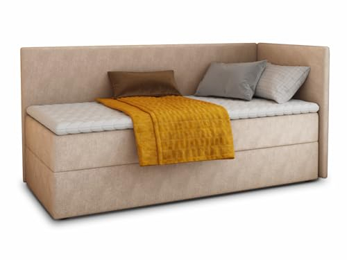 Boxspringbett Flame mit Bettkasten - Einzelbett mit Bonell-Matratze und Topper, Polsterbett, Universelle Bettseite, Bett, Schlafzimmer, Kinderzimmer (Beige (Paros 02), 100 x 200 cm)