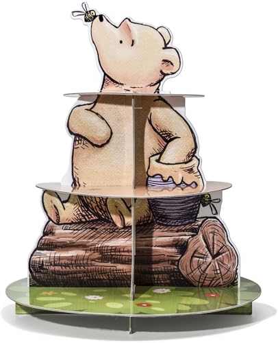 FRUOR Winnie Cupcake Stand, Classic Winnie Baby Shower Decoration, 3-Tier Cardboard Dessert Holder for Cake Display, Winnie Bear Birthday Party Supplies