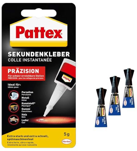 Pattex Sekundenkleber Präzision 1 x 5 g Superkleber und 3 x 1 g Sekundenkleber Pattex Ultra Gel, punktgenaues Kleben ohne Nachtropfen, schnelltrocknend, spülmaschinenfester Flüssigkleber