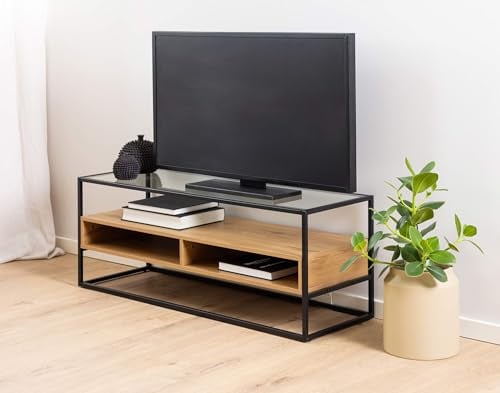 Lisa Design - Meuble TV Parker Rectangulaire en Bois, Verre, Métal Noir avec Rangements 2 Niches - Salon