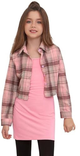 Mirawise Mädchen-Herbst-Outfits, rot, langärmelig, kariert, Hemden, Kleid, 2-teiliges Outfit, Weihnachtskleidung, Pink, 12-13 Jahre