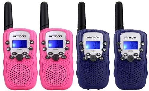 Retevis RT388 Kinder Walkie Talkie, Spielzeug mit großer Reichweite für 3-12 Jahre, 8 Kanal LCD Taschenlampe, Geschenke für Camping, Abenteuer, Wandern (2 Paar, Dunkelblau Rosa)