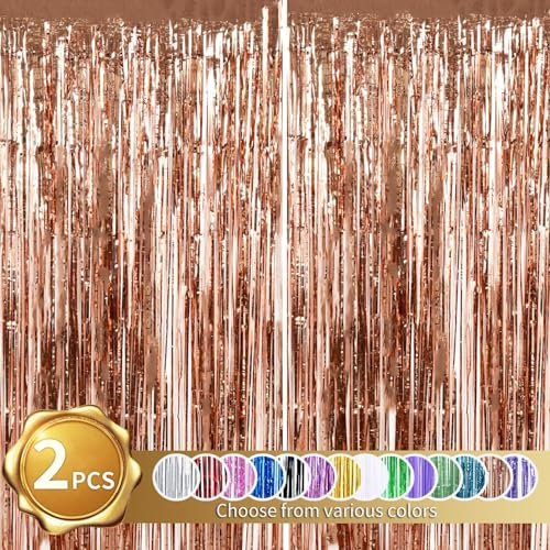 RIBBOOO 2 Pcs Rose Gold Foil Fringe Tinsel Curtains, Metallic Glitter Curtain, door streamers for Stage, Birthday Wedding Baby Shower, Christmas Party Decoration (3.28 ft x 6.56 ft)