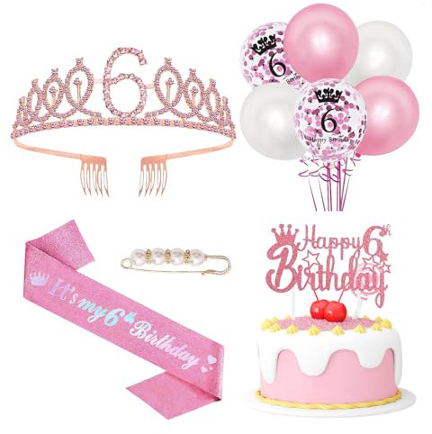 Moorle 6th Birthday Decorations for Girls, Pink 6th Birthday Crown Rhinestone Tiara and Sash Set, Cake Topper for 6 Year Old Girls, Balloons for 6 Party