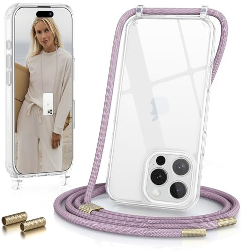 GOODVISH Cover Trasparente con Cordino per iPhone 16 Pro, Custodia con Regolabile Collana per iPhone 16 Pro 6.3, [Antiurto] [AntiGraffio] [Antiscivolo] Case con Laccio Tracolla, Viola Rosa