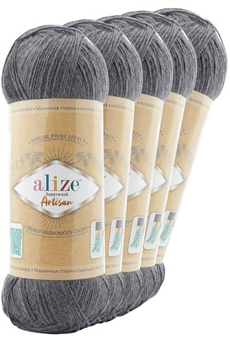 5 x 100g Sockenwolle Alize Superwash Artisan 75% Wolle Strickwolle Häkelgarn Farbwahl, Farbe:871 schiefergrau
