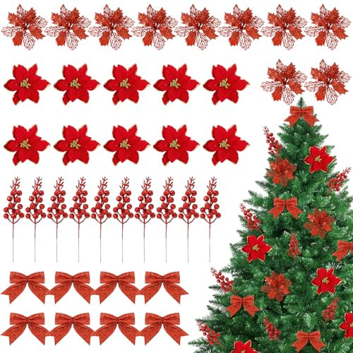 BOOMTOP 38Pcs Christmas Poinsettia Artificial Flowers Set, 2 Styles Glitter Poinsettia Flowers Artificial Berry Stems Bows with Clips for Christmas Tree Garland Party Decoration (Red)